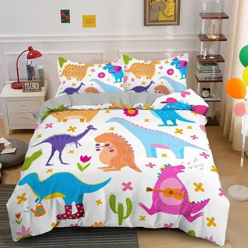 Cute Dinosaur 3D Cartoon Animal Comfortable Duvet Quilt Cover Pillowcase Bedding Set Children Bedroom Decoration Home Textile