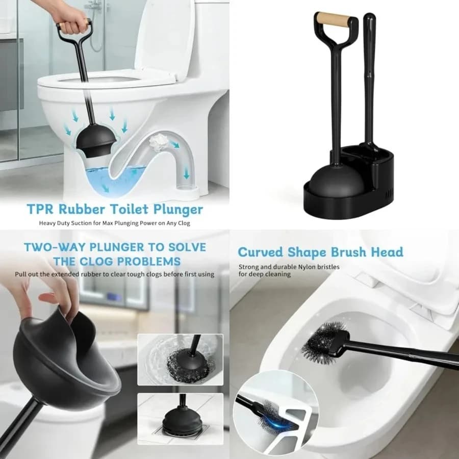 Set Spazzola e Sturalavandini per WC, con Testa Curva per Pulizia Profonda, Spazzola e Sturalavandini Robusti con Supporto per la Pulizia del Bagno, Nero, 1 Pezzo