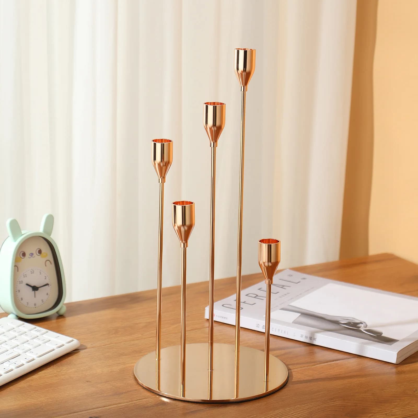 Candelabro a 5 Bracci in Ferro Battuto Dorato, Decorazione da Tavolo per Feste di Compleanno e Matrimoni