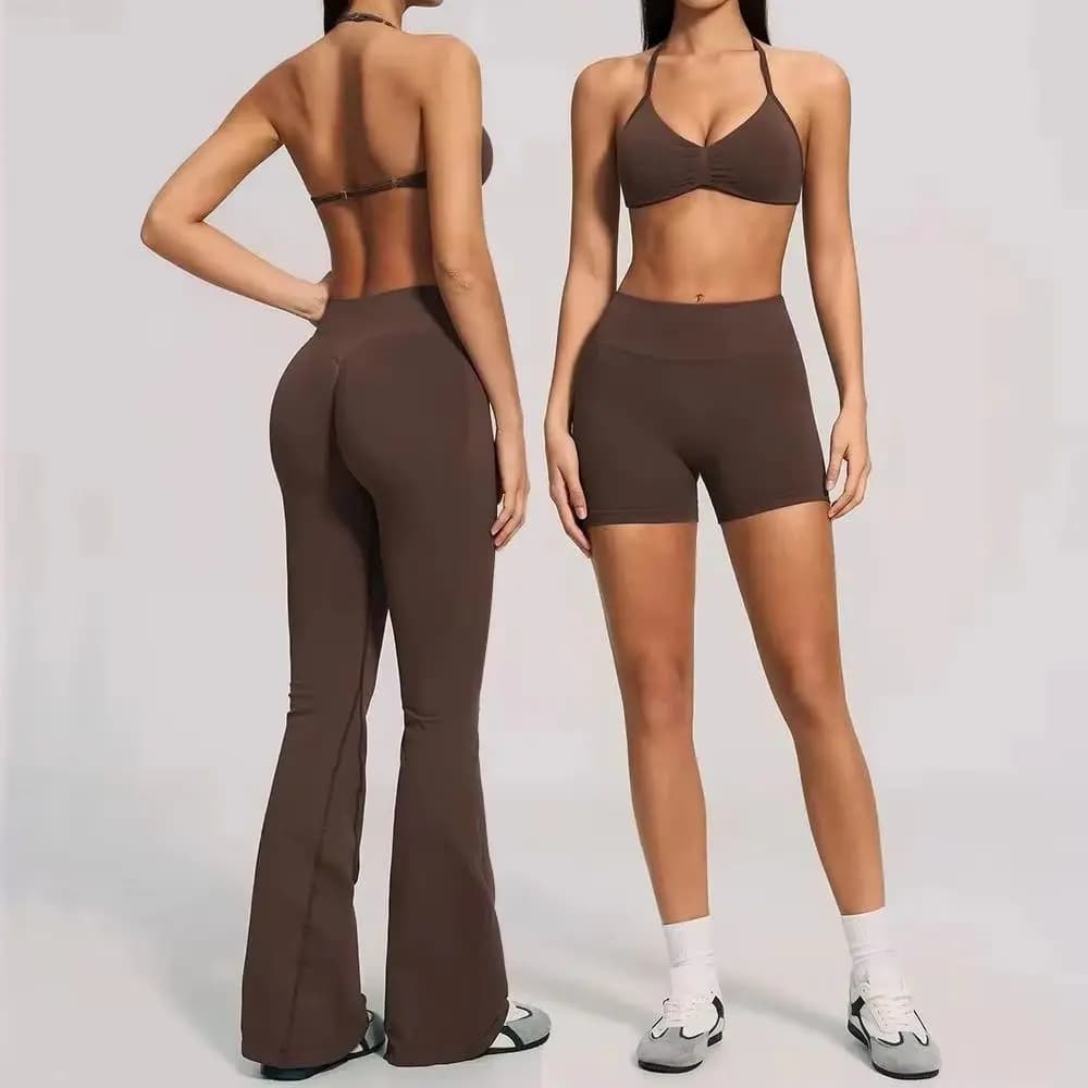 Seamless Ribbed 2PCS Yoga Outfit Halter Sports Bra Butt Lifting Pants Shorts Gym Clothing Fitness Training Workout Athletic Wear