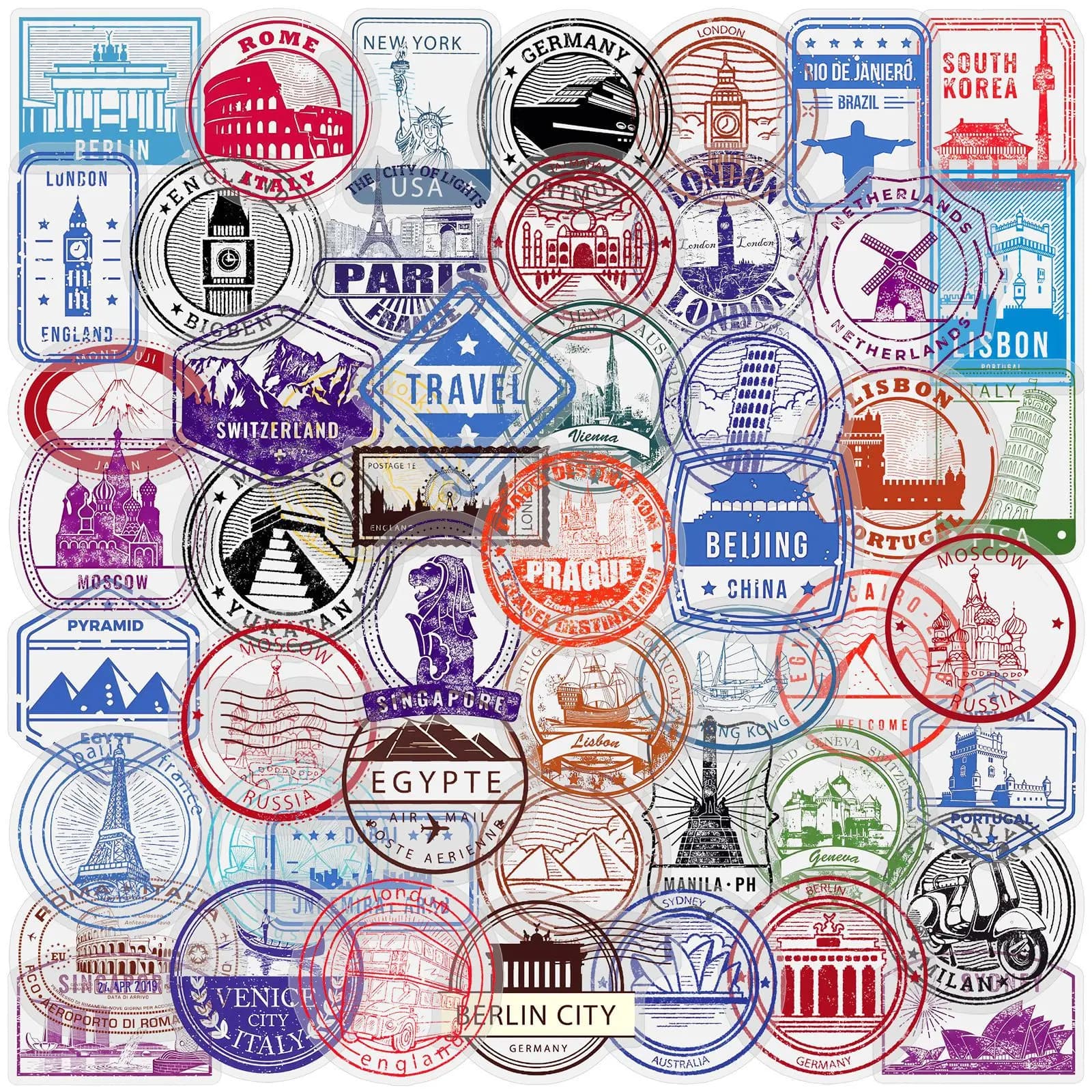 50Pcs Transparent Retro Stamps Sticker DIY Phone Laptop Luggage Skateboard Graffiti Decals Fun for Gift