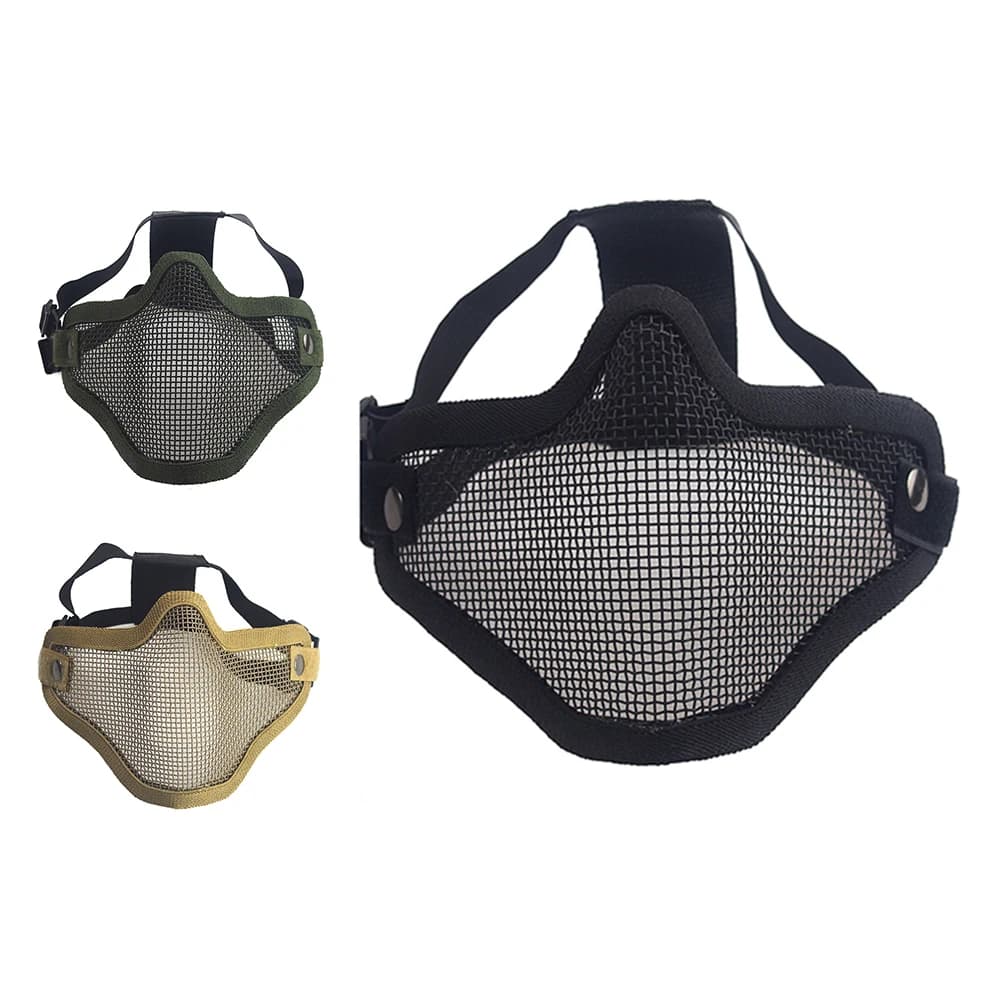 Maschera mezza faccia tattica da caccia con doppia cintura Maschera protettiva traspirante in rete di acciaio metallico per maschera da paintball