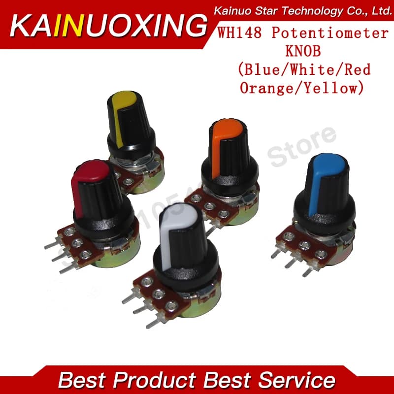 5 set WH148 1K 5K 10K 15mm 3 pin resistore potenziometro rotativo conico lineare per Arduino con cappuccio AG2 giallo arancione blu rosso bianco