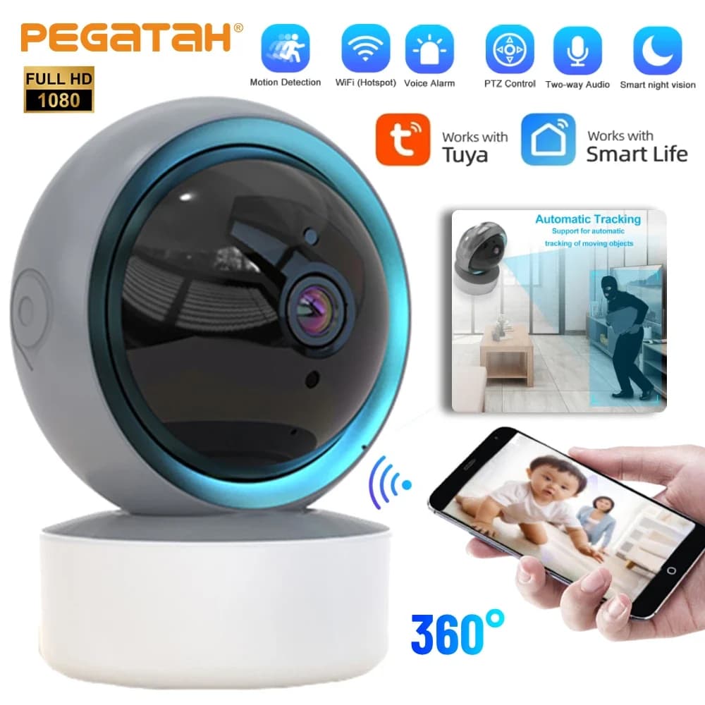 NUOVA Telecamera IP WiFi Tuya 1080P, Baby Monitor 360° ° Rilevamento del movimento PTZ, audio bidirezionale, visione notturna, supporta il protocollo TCP/IP/ONVIF