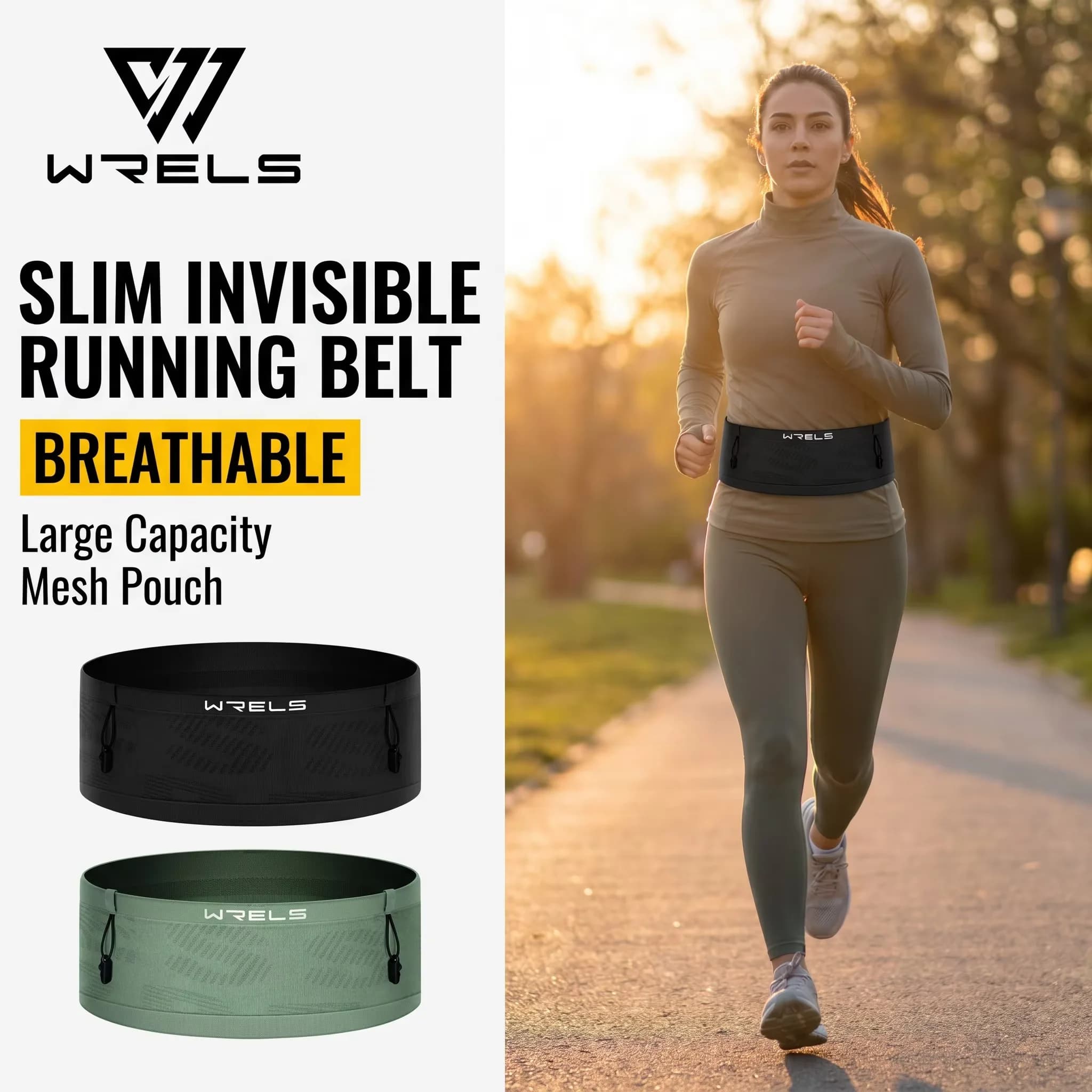 WRELS Slim Running Belt Breathable Waist Pack High Elastic Fanny Pack Capacity Reflective Phone Holder Adjustable Running Pack