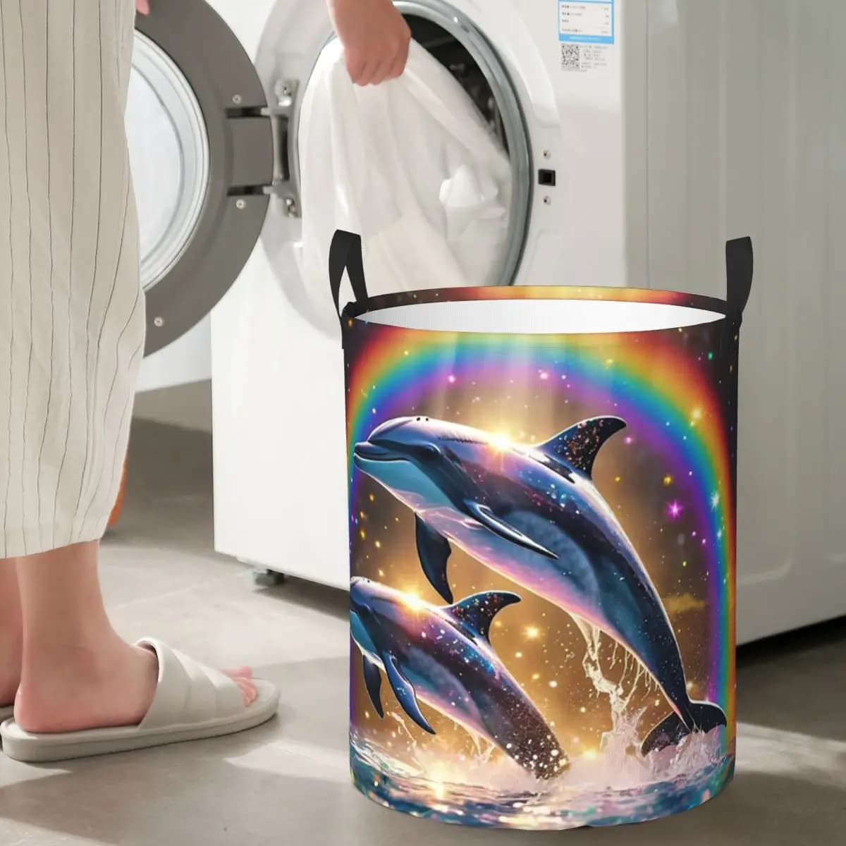 Cesto per la biancheria pieghevole con motivo Sunset Dolphins Dancers Sea Creature Dolphin, cesto portaoggetti per vestiti sporchi e articoli vari, borsa grande impermeabile