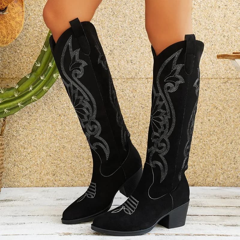 Women's Knee-high Boots Retro Suede Casual Boots Fashion Pointed Thick Heel Knight Boot Classic Embroidered Western Cowboy Boots