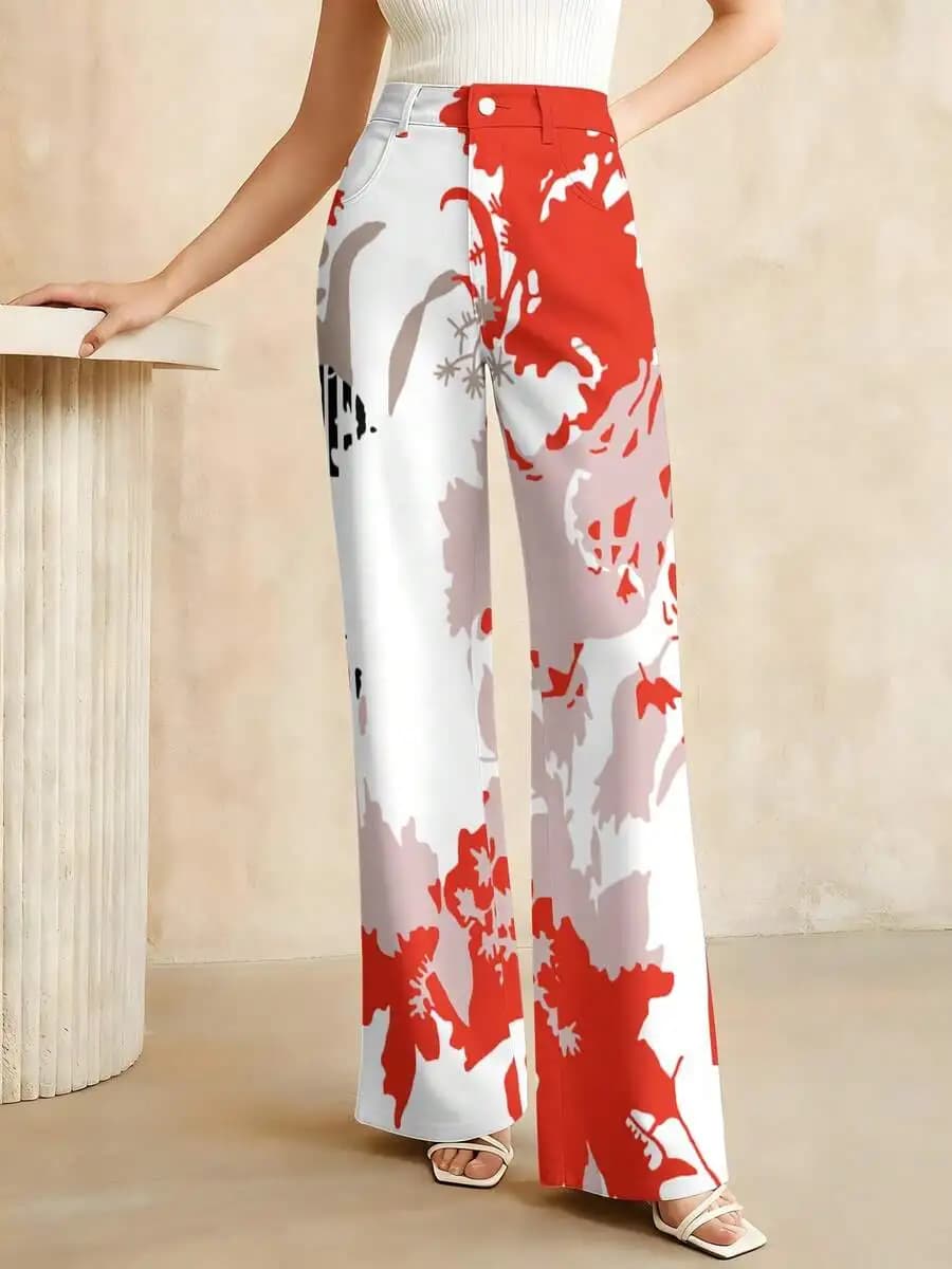 Pantaloni in Denim a Vita Alta e Gamba Larga con Stampa Floreale per Donna, Casual Estivi, Rosso e Grigio