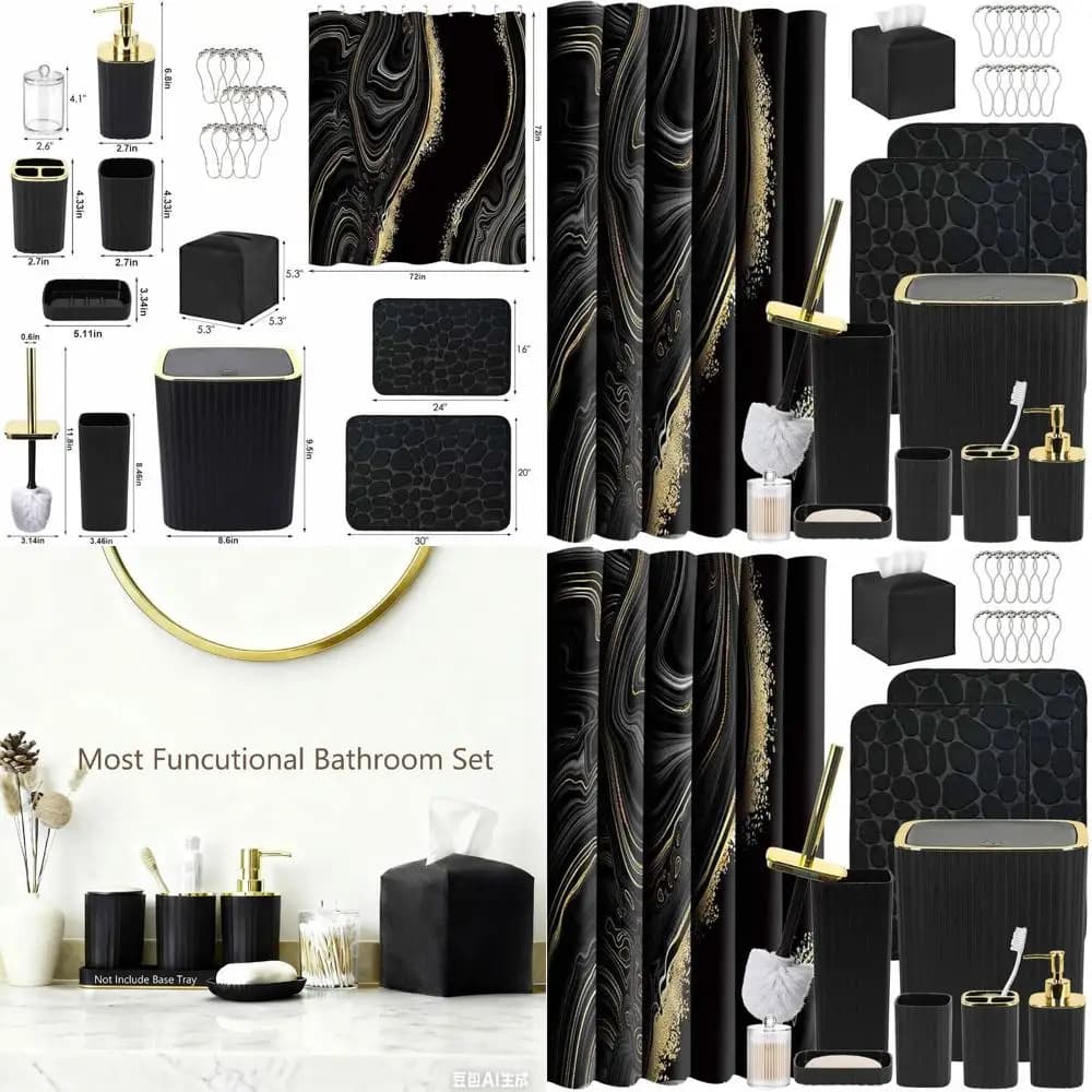Set completo di accessori da bagno neri da 23 pezzi: tenda da doccia, tappetini, pattumiera, dispenser di sapone e altro ancora