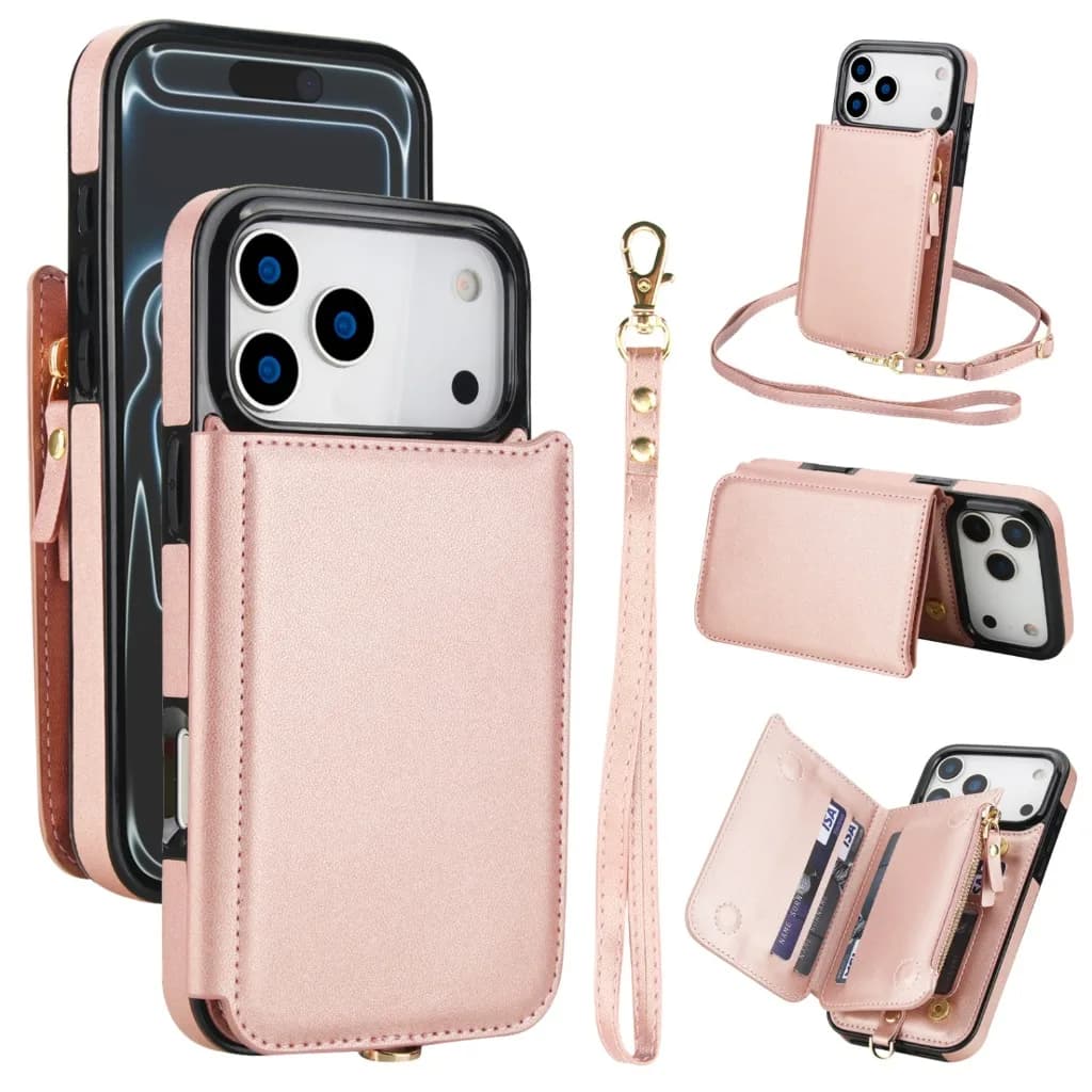 Custodia a tracolla in pelle con portafoglio per iPhone 17 Pro Max, Air 17e, 16e, 15, 14 Plus, 13, 12 Mini, 11, con porta carte e cinturino da polso