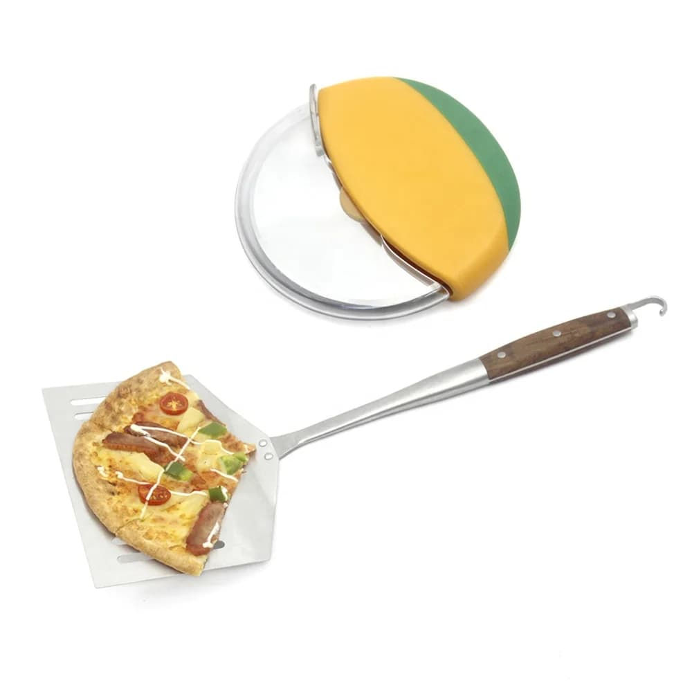 Pala per pizza con manico lungo in acciaio inossidabile con taglierina per pizza, buccia per pizza