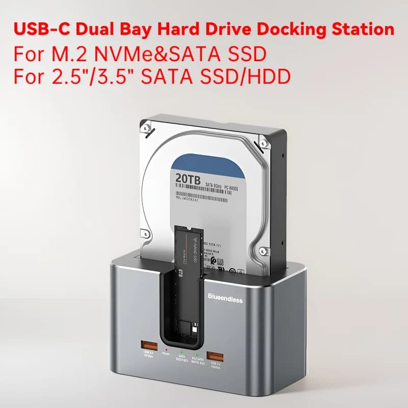 Per SSD M.2 NVMe e SATA per Docking station per disco rigido a doppia baia SATA SSD/HDD USB-C da 2,5"/3,5" con 2 interfacce USB 3.2