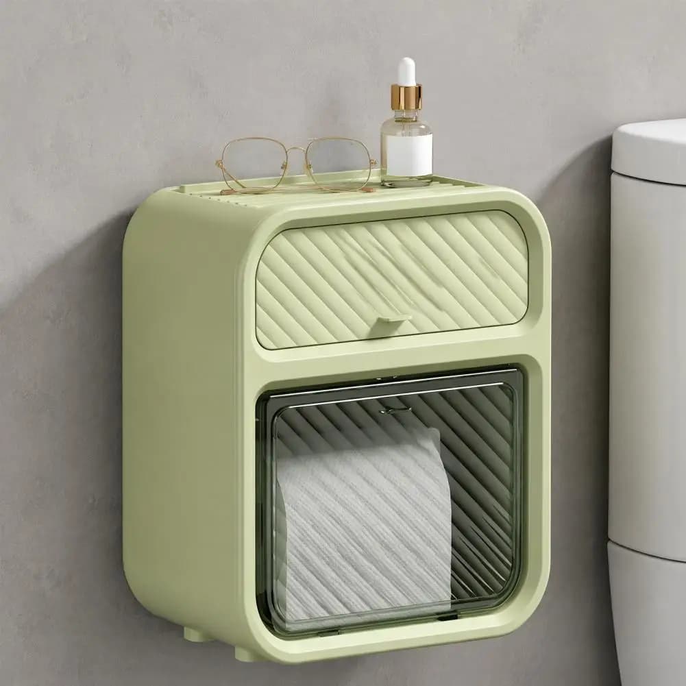 Waterproof Tissue Box Holder Bathroom Tissue Box with Storage Shelf Wall Mounted Waterproof Toilet Paper Holder for Rolls
