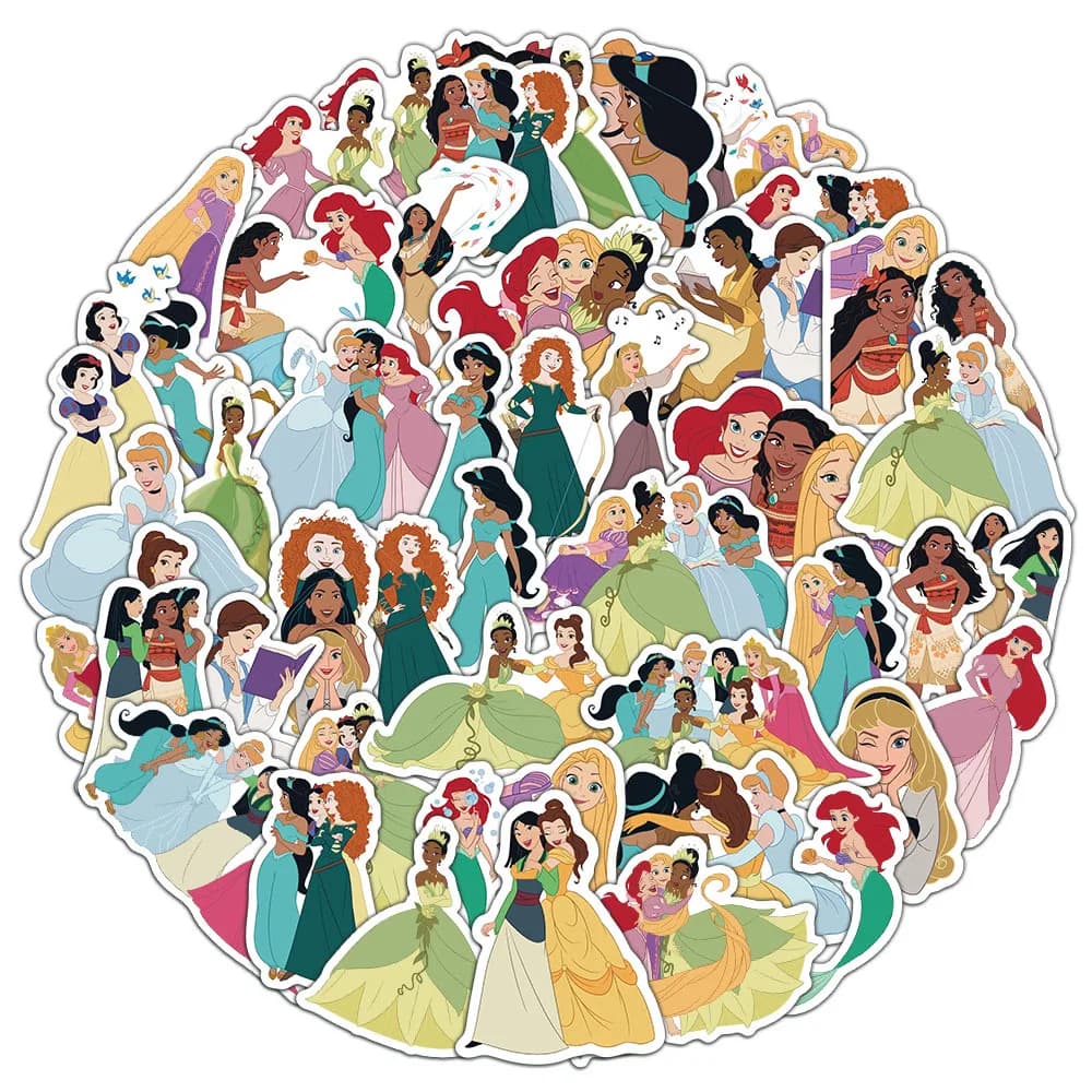 52 adesivi impermeabili con personaggi dei cartoni animati e principesse, decorazioni fai da te per telefono, laptop, valigie, quaderni, thermos, casco, iPad.