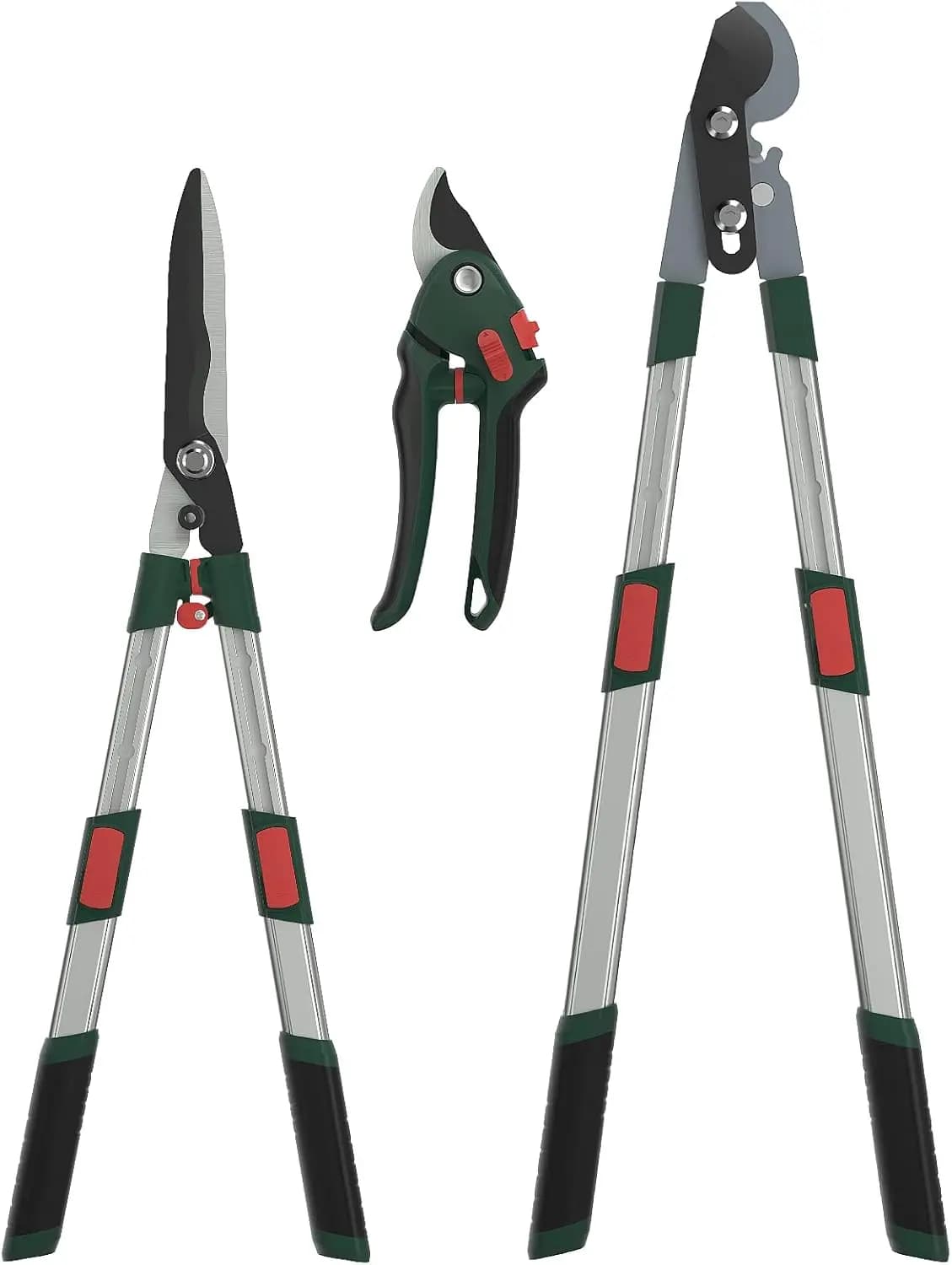 Set di 3 Attrezzi da Giardino con Manici Telescopici in Alluminio - Cesoie per Rami Estensibili e Resistenti per Rami, Arbusti e Siepi