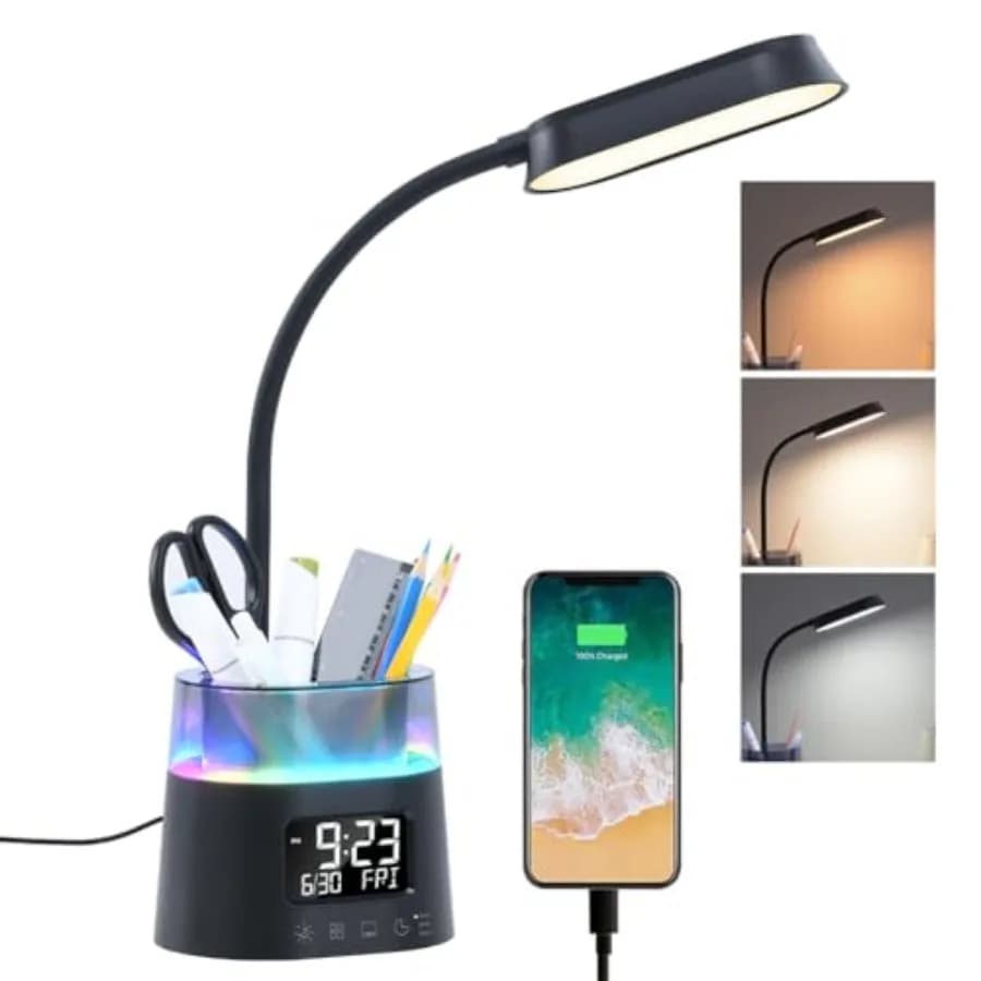 Lampada da Scrivania LED, Lampada da Studio Dimmerabile per Casa e Ufficio, con Portapenne e Orologio, Porta USB per Ricarica, Luce Notturna RGB