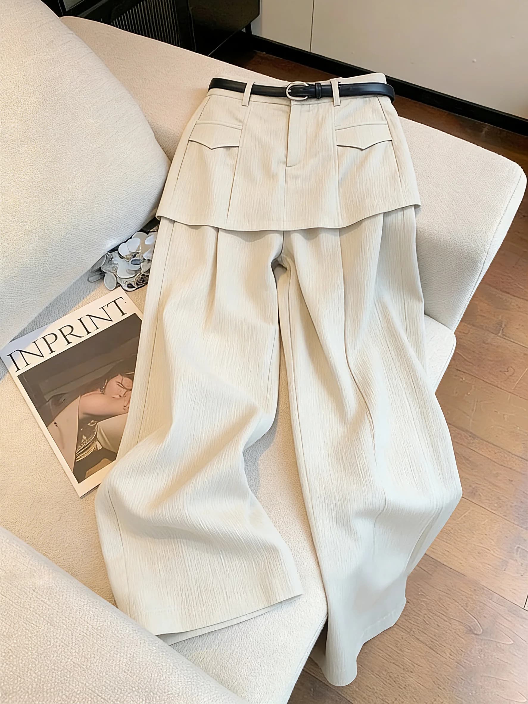 Slimming High Waist Wide Leg Casual Pants Men's Spring Fashionable Patchwork Leather Curtain Versatile Casual Trousers