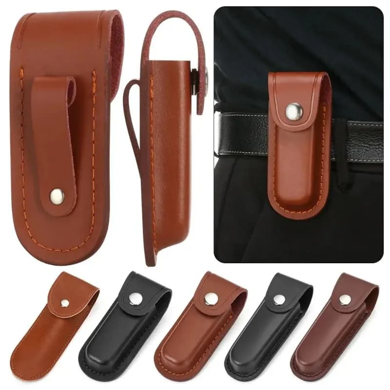 Coltello pieghevole marrone Fodero per attrezzi Torcia elettrica Custodia con passante per cintura Fodero in pelle Tasca da caccia Attrezzatura per il trasporto all'aperto