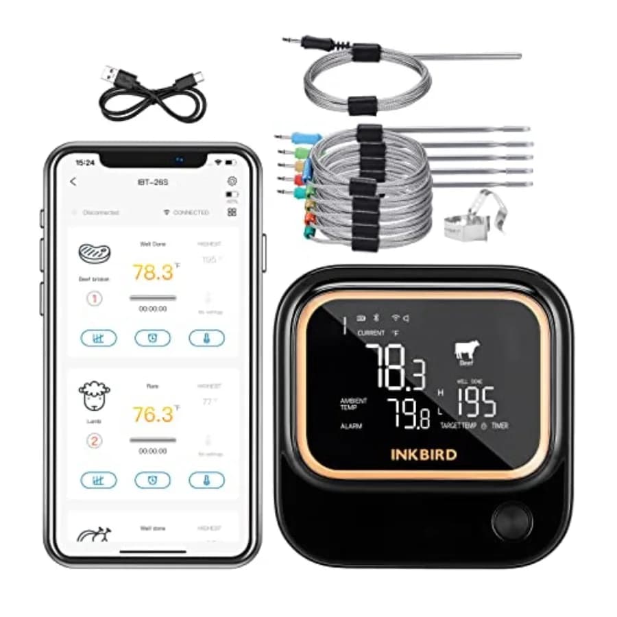 Thermometer for Wi-Fi 5GHz/2.4GHz Bluetooth 5.1 with 6 probes, Wireless Thermometer for Smoke and Grill, BBQ Probe