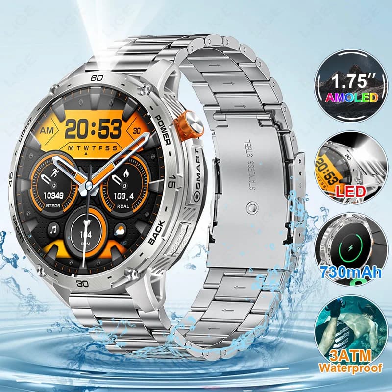 Nuovo Smartwatch Militare LIGE con Batteria da 730mAh, Display AMOLED HD da 1,75'', Torcia, Impermeabile 3ATM, per Sport all'Aperto