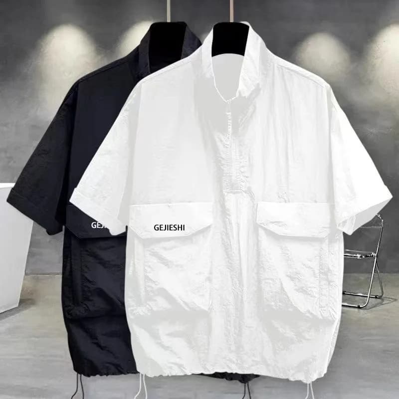 T-shirt a maniche corte in seta ghiaccio da uomo, estiva, con colletto alla coreana, ad asciugatura rapida, multitasche, da lavoro, casual, ampia, con protezione solare