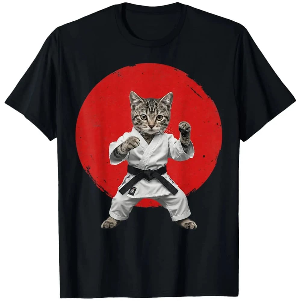 T-shirt da uomo con stampa su un solo lato, girocollo, manica corta, Karate Cat Black Belt, divertente, arti marziali, judo, stile giapponese