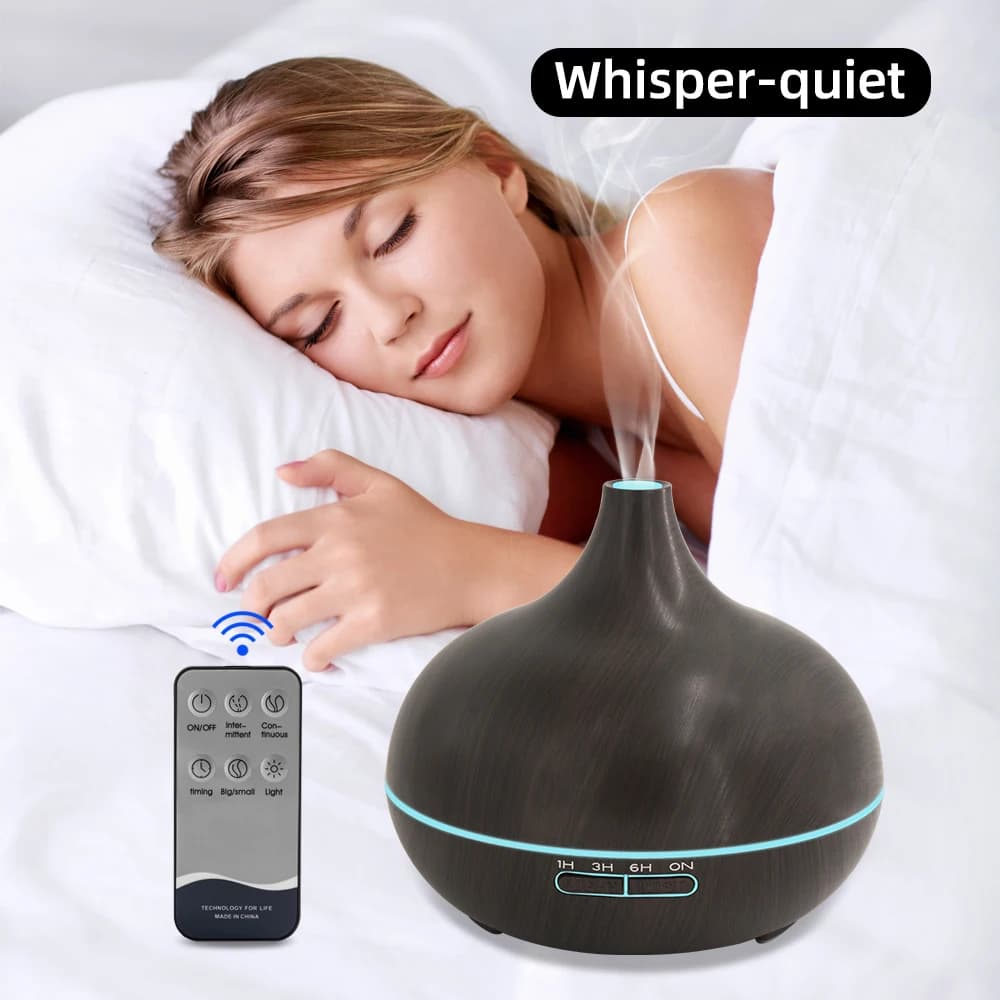 Diffusore di oli essenziali con venature del legno da 550 ml con umidificatore a nebbia fredda ad ultrasuoni con telecomando, luci LED a 7 colori e 6 O essenziali
