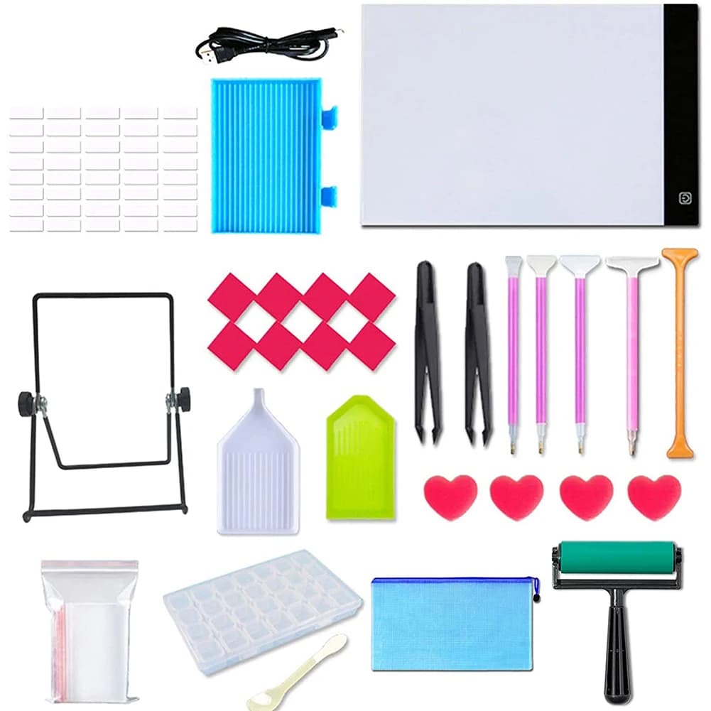 J1UL1N Kit di 60 Pezzi per Pittura Diamantata con Luce LED A4 - Tavola Luminosa per Arte Diamantata, con Supporto Staccabile e Rullo