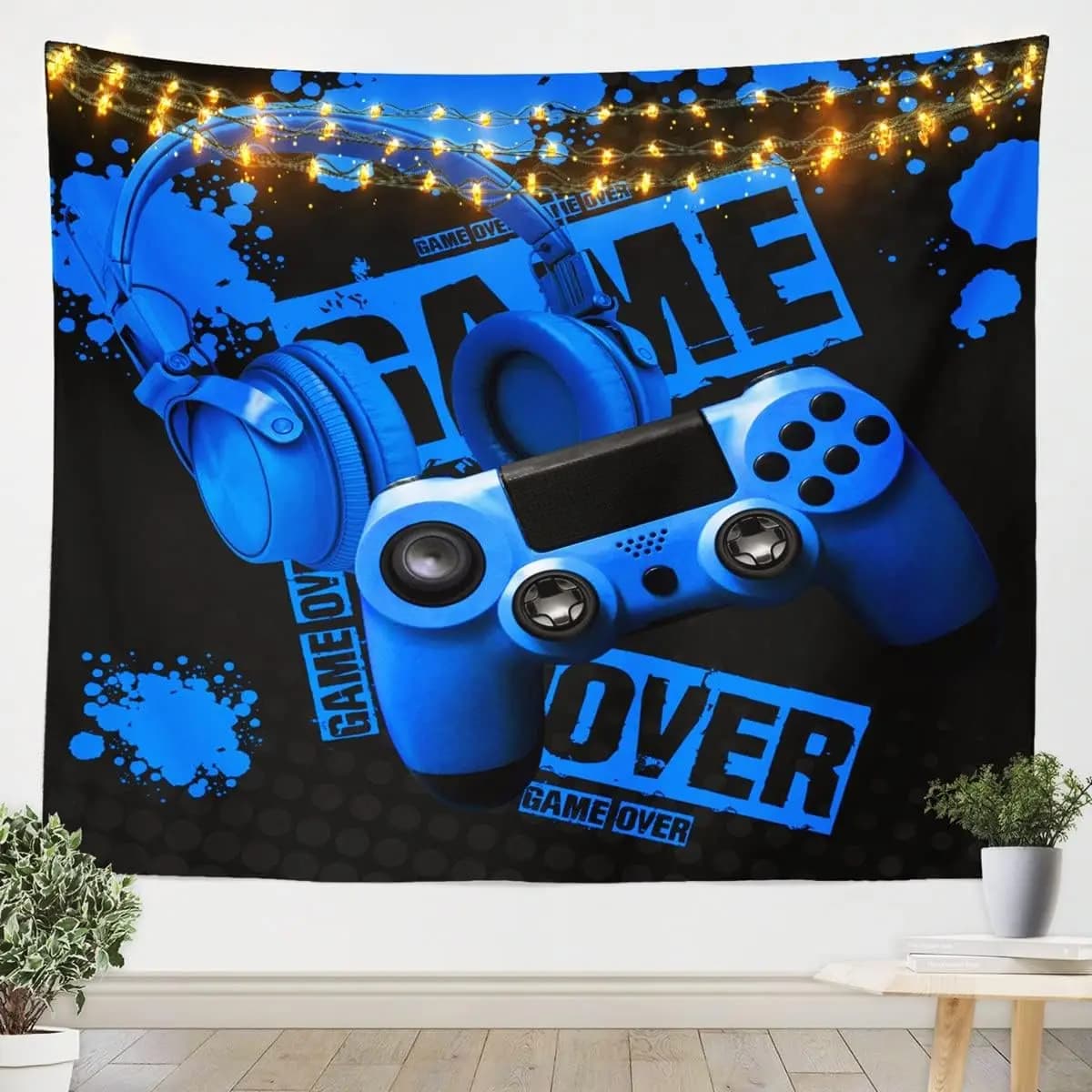 Tappeto da Parete Gaming per Ragazzi e Ragazze, Coperta Decorativa per Videogiochi, Blu e Nero, per Cameretta Bambini, con Cuffie