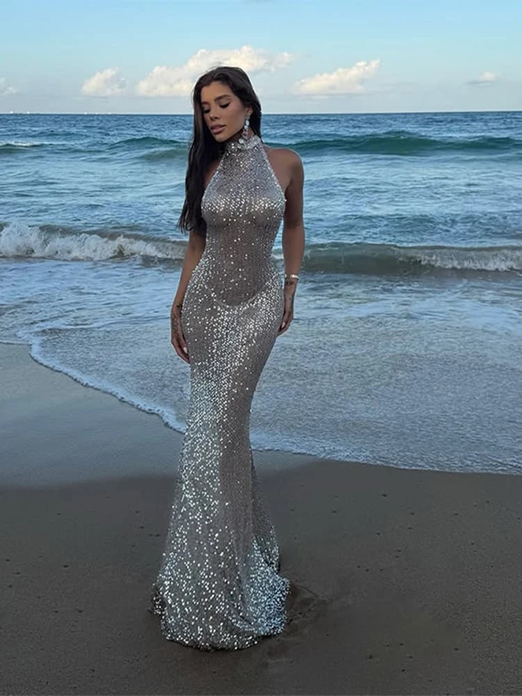 2025 Summer Autumn Paillette Halter Long Dress Women Sexy Sleeveless Backless See Through Female Dresses Beach Holiday Lady Robe