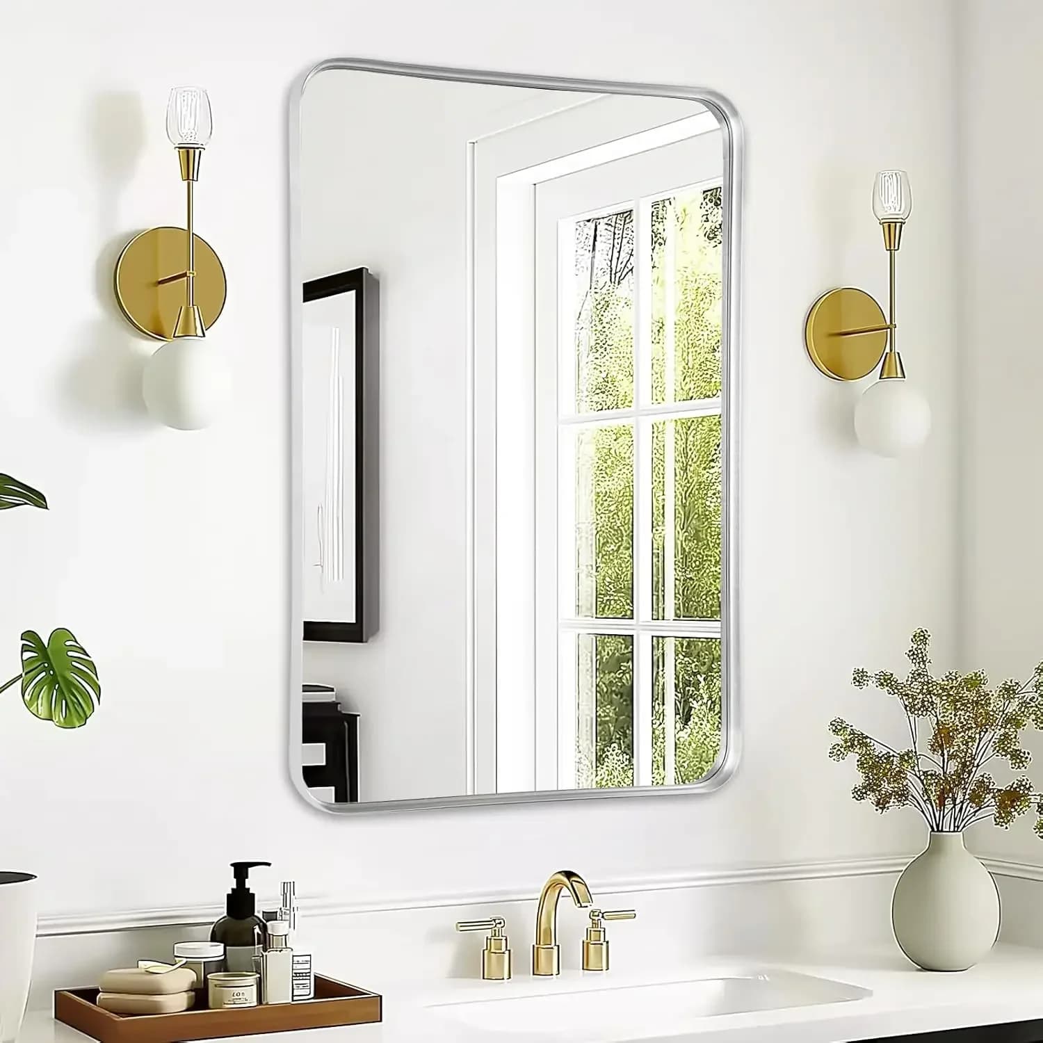 Specchio da Bagno a Parete - Specchio Rettangolare con Cornice Argento 24x36 Pollici per Bagno Sopra il Lavabo, Specchi con Cornice in Metallo Spazzolato per Ristrutturazioni