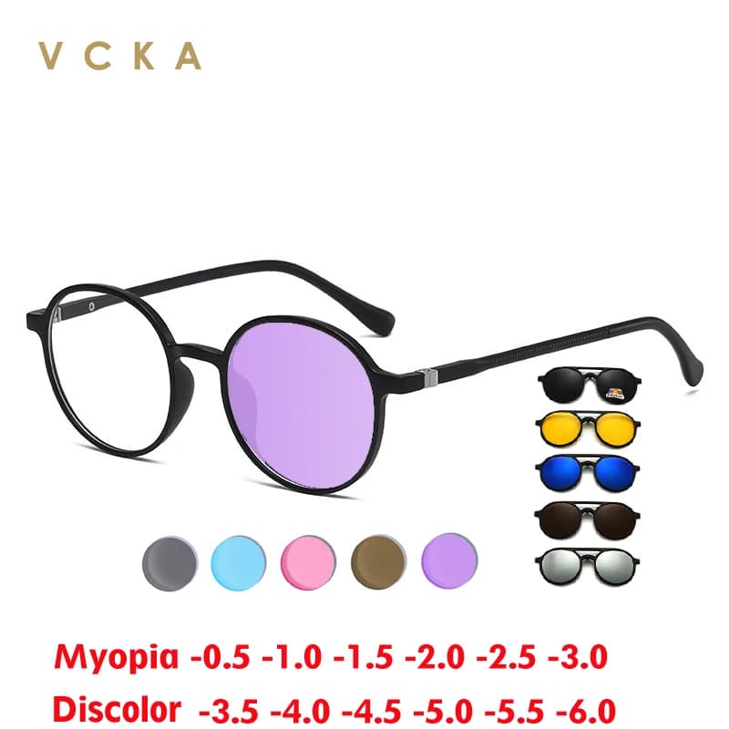 VCKA Round Discoloration Myopia Glasses Fashion Women Men Polarized Magnetic Clip 6 in 1 Mirror Sunglasses Prescription Eyewear