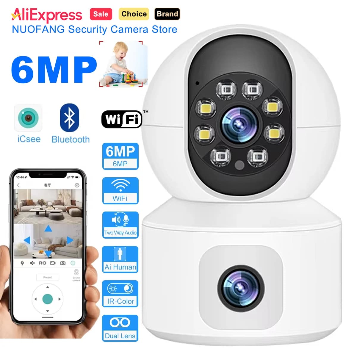 NUOFANG Telecamera WiFi da 6 MP con doppi schermi Audio bidirezionale Baby Monitor Telecamere IP PTZ per interni Sorveglianza CCTV Sicurezza domestica ICSee