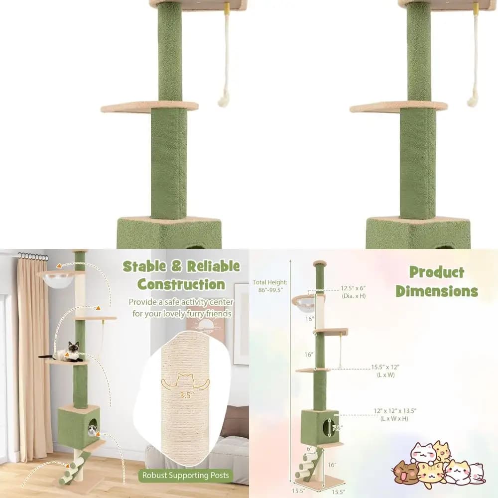 Torre per Gatti Regolabile a 5 Livelli: Altezza 86-99,5 cm, Capsula Spaziale, Cuccia, Pali in Sisal, Corda e Scala
