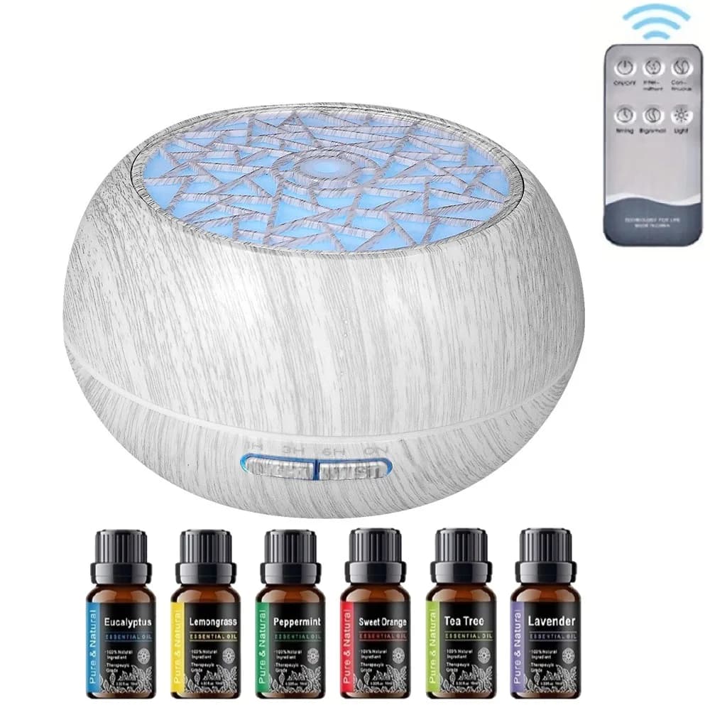 Diffusore ad ultrasuoni da 550ml di dimensioni familiari Design a grana di legno funzionamento remoto 7 luci d'atmosfera a LED + 6 oli essenziali per la casa bene