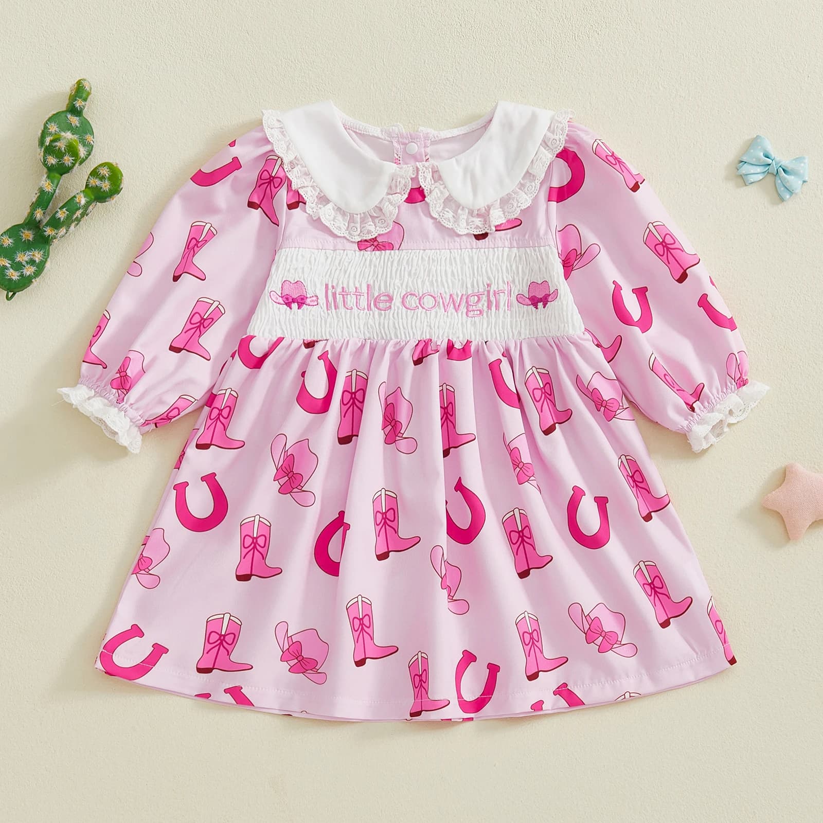 Abito da bambino stile cowgirl con finiture in pizzo e colletto da bambola, abito a trapezio a maniche lunghe con motivo stivale e cappello western