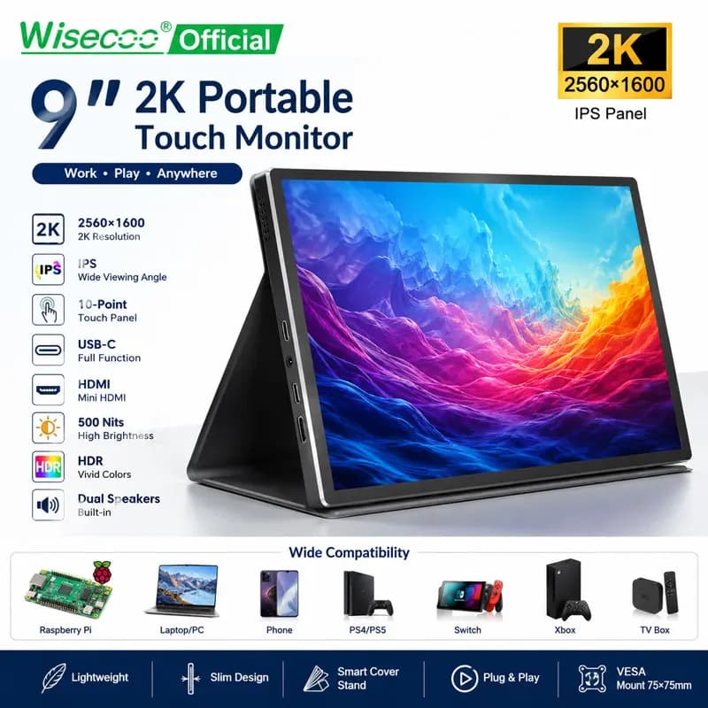9" 2K Portable Touch Monitor 2560×1600 IPS USB-C Mini HD-MI Second Display for Laptop Switch Raspberry Pi Phone