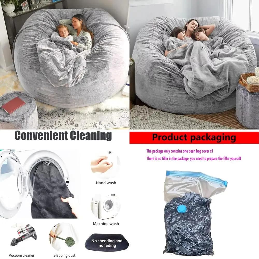 Comfortable oversize sack chair cover for adults and children, large sofa lounge, light grey, 5T