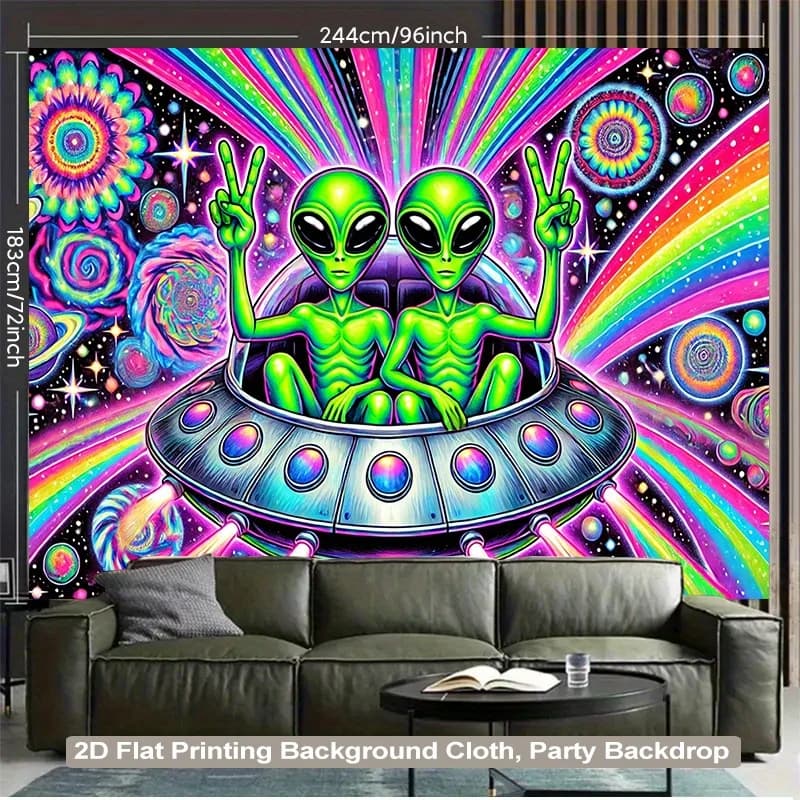VIKAMA Alien UFO Tapestry Nebula Rainbow Light Strip Living Room Feature Wall Theme Party Sci-Fi Room Decor