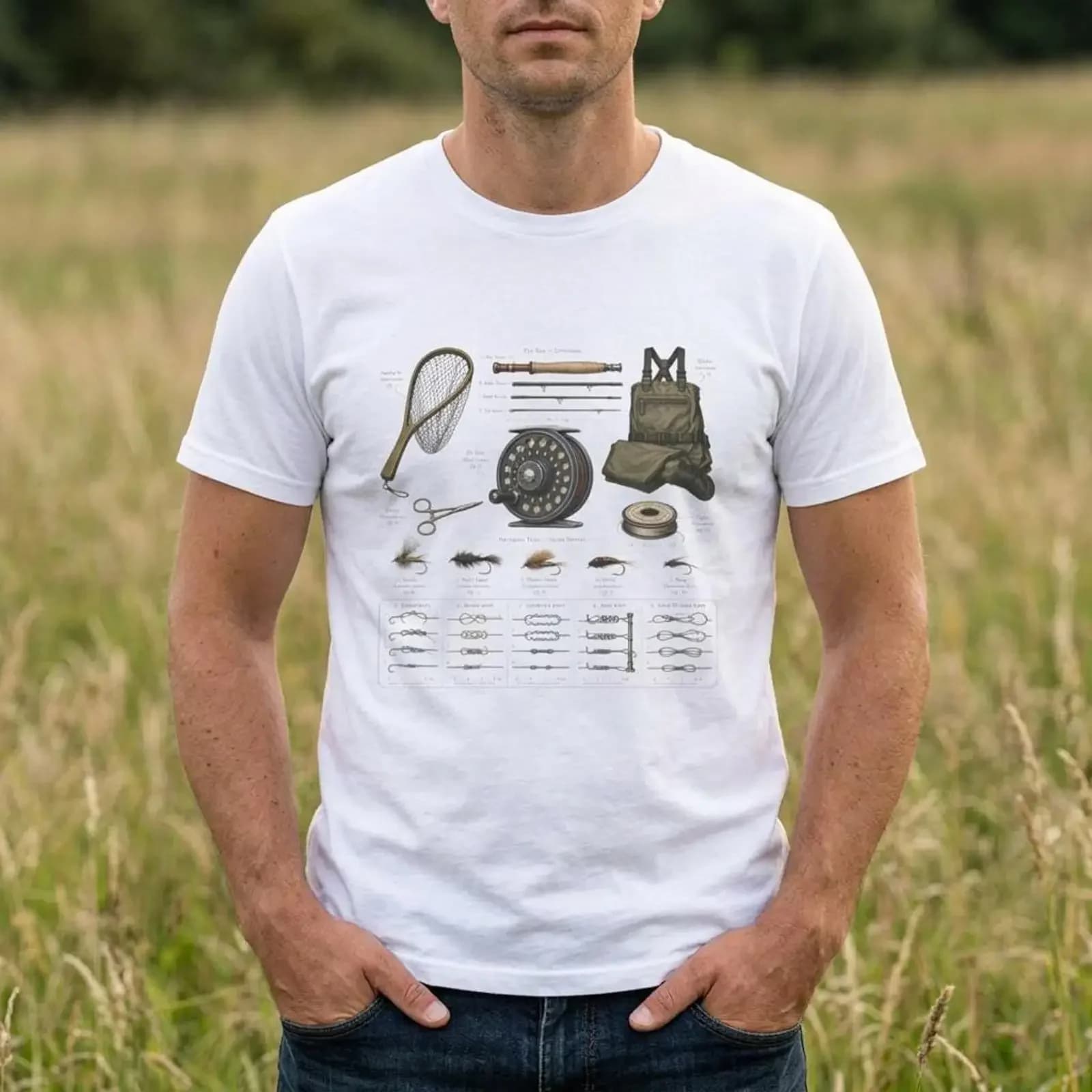 Vintage Fly Fishing Gear T Shirt Rod Reel Net Waders Lures vintage Washed streetwear Stylish Casual Comfortable