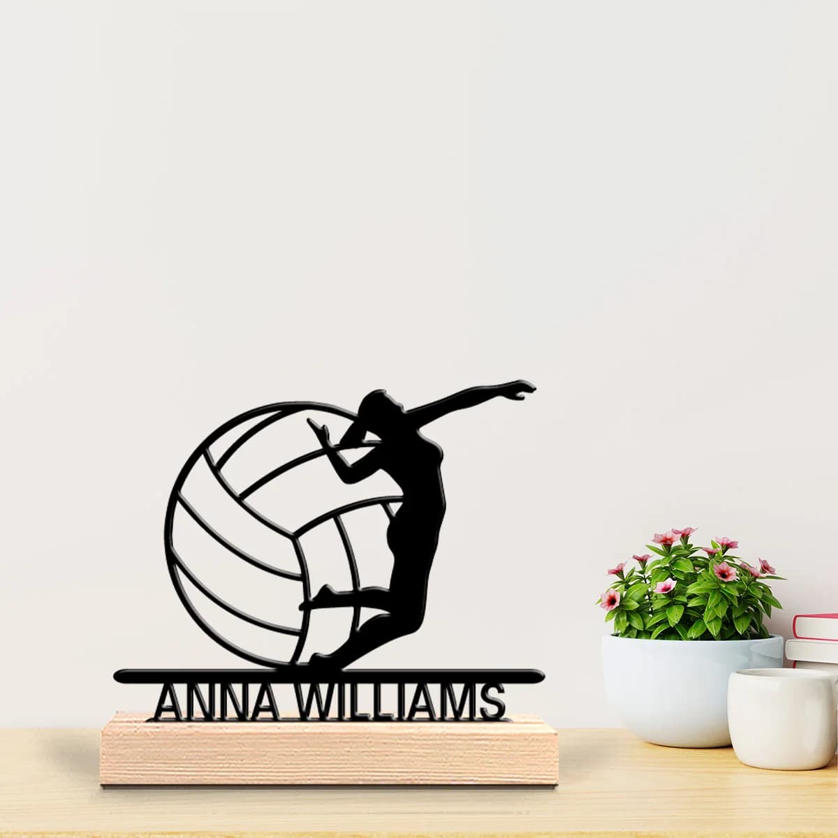 Custom Metal Volleyball Player Statue with Wood Base, Modern Office Decoration, Living Room, Inspired by Nature