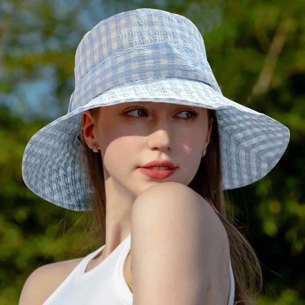 Casual Fine Plaid Pattern Fisherman Hat Wide Brimmed Windproof Rope Folding Sun Cap Breathable Bow Basin Cap Women