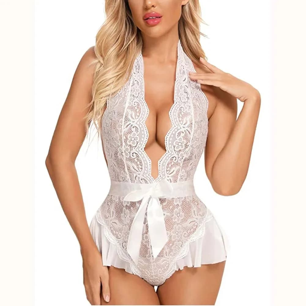 Costume erotico Crotchless Lace Reggiseno aperto Donna Babydoll Abito Sexy Halter Lingerie Camicia da notte Pigiama da notte Intimo Catsuit