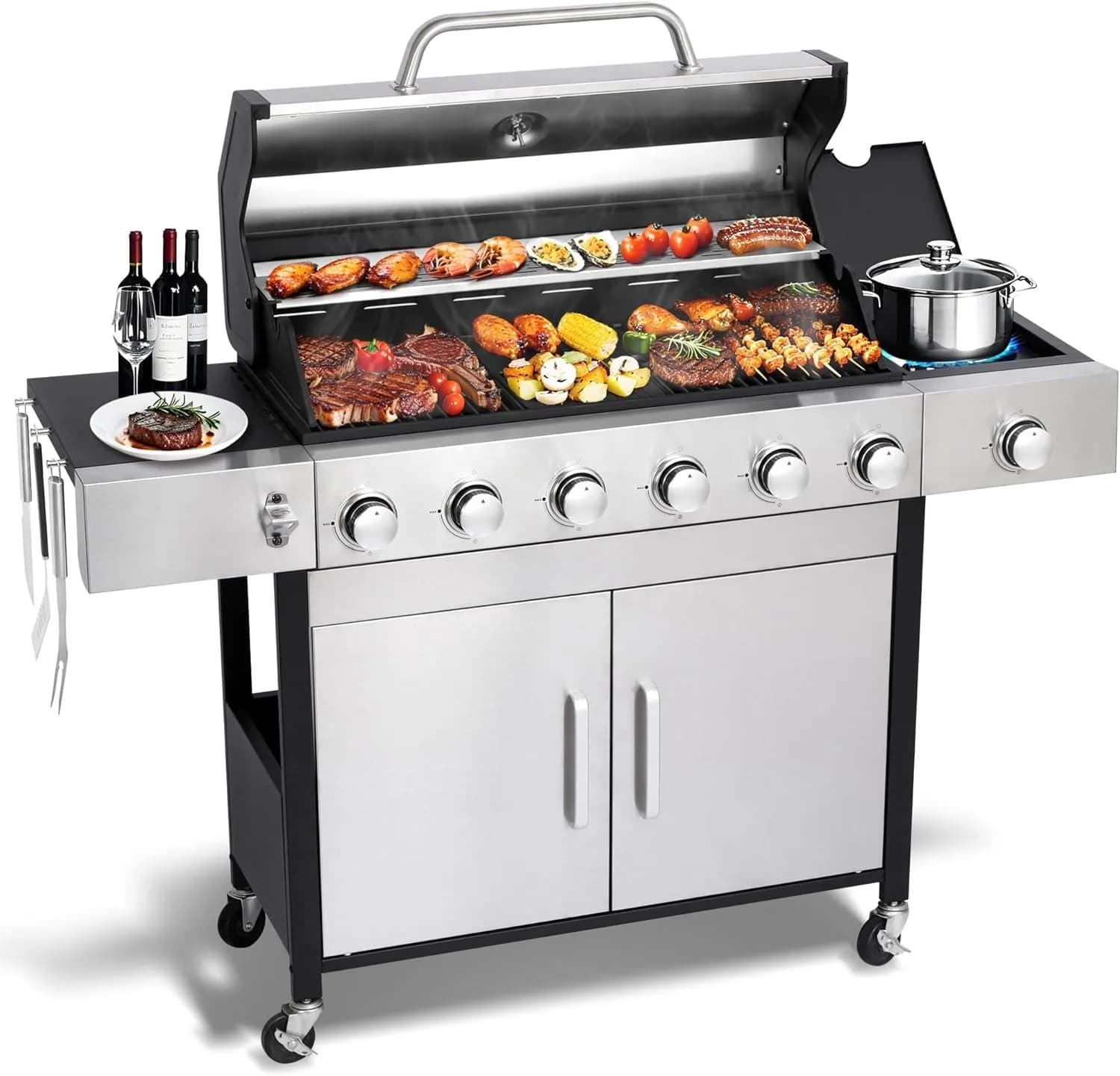 Gas grill Propano to 6 burners with Side cooker 69000 BTU, Stainless Steel Grills