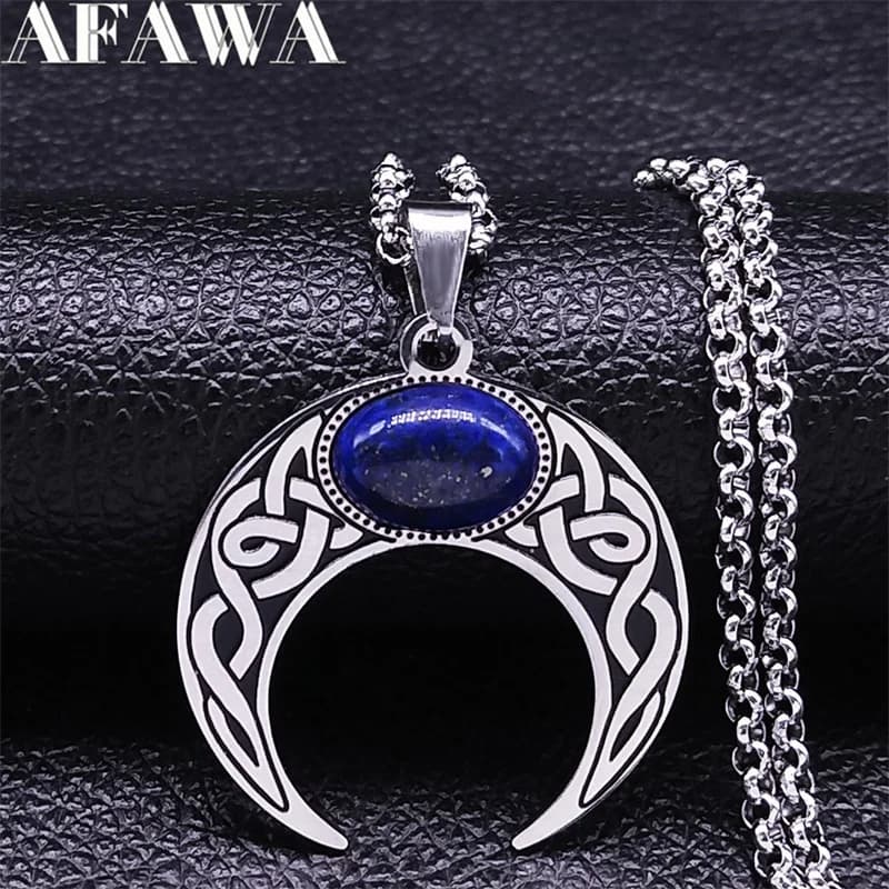 Vintage Crescent Moon Knot Pendant Necklaces for Women Stainless Steel Blue Stone Silver Color Punk Chain Jewelry Collier N7941