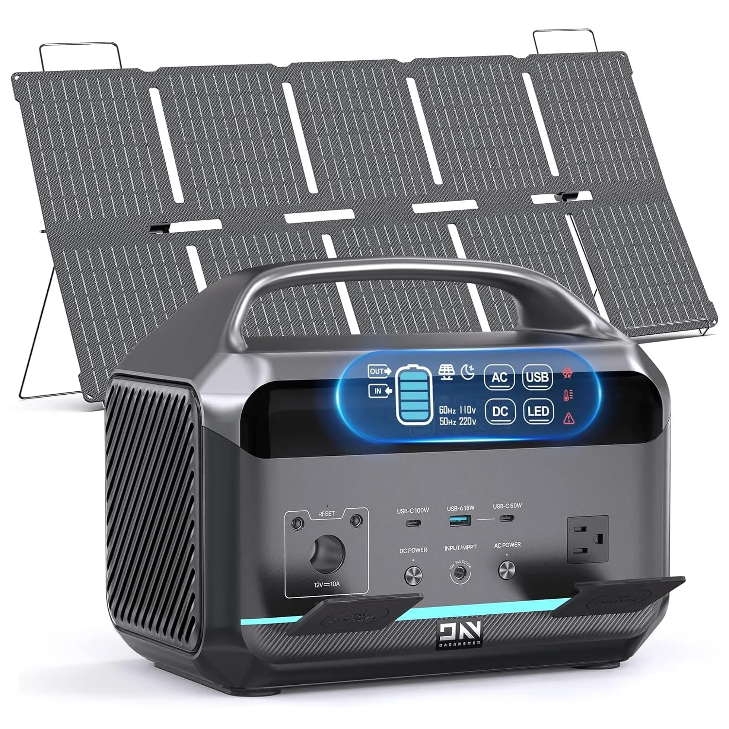 Stazione di Alimentazione Portatile 600W (1200W di Picco) con Pannello Solare da 100W Incluso, Generatore Elettrico LiFePO4 da 576Wh, 1 Ora, Personalizzabile