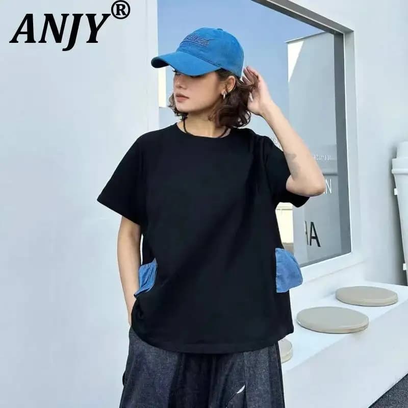 ANJY Summer New Women Loose Casual Ins Color Block Chic Short Sleeves T-shirt Trendy Fashion Denim Patchwork Stylish Tops A22856