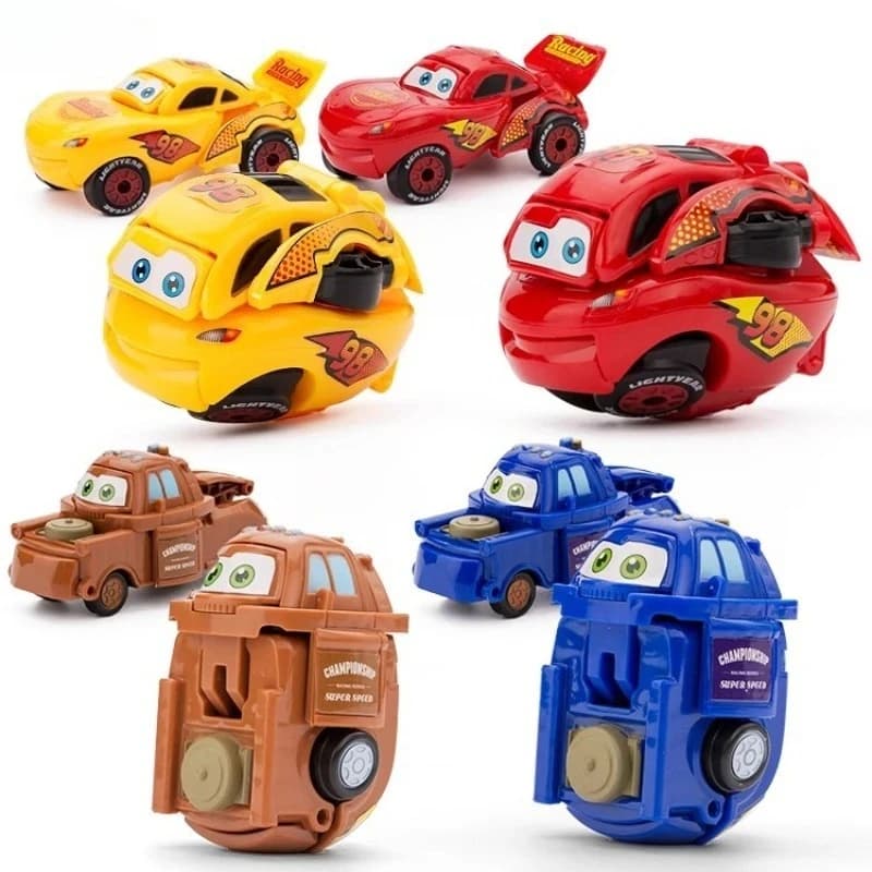 4 Pezzi Anime DSN Toy Story Personaggi d'azione trasformabili in auto, Modellini di auto da corsa per bambini Lightning McQueen, Giocattoli a forma di uovo deformabile, Regali