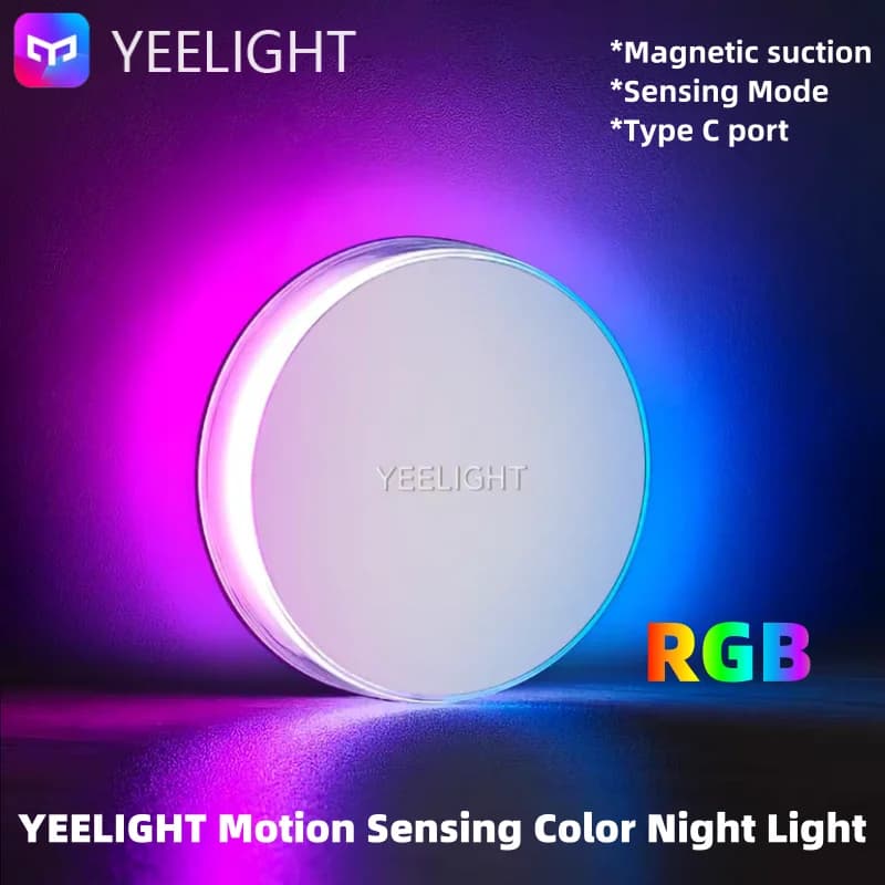 Luce Notturna RGB Yeelight con Sensore, Rilevamento Intelligente del Movimento, Magnetica Type-C, Luce Notturna Colorata Automatica Sempre Accesa, 2 Modalità