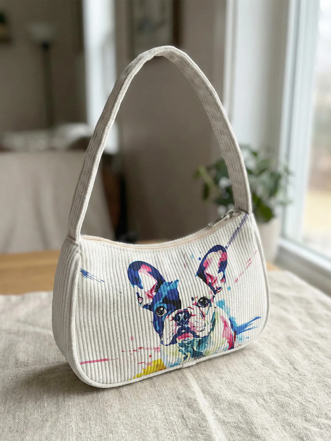 Borsa a Tracolla Trendy con Stampa di Bulldog Francese in Stile Acquerello, Borsa Sottobraccia in Velluto a Coste Beige per Uso Quotidiano Casual